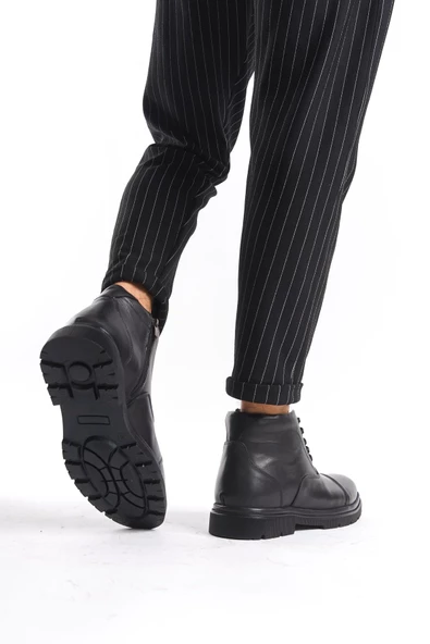 Erkek Hakiki Deri Bağcıklı Kısa Düz Bot Fermuarlı Tırtık Taban Erkek Kışlık Bot - Resim 5