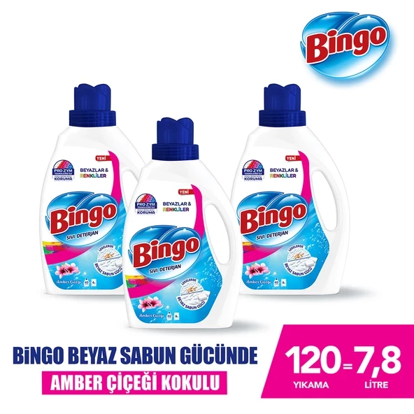 Bingo Sıvı Performans Çamaşır Deterjanı Amber Çiçeği 2600 ml 3lü