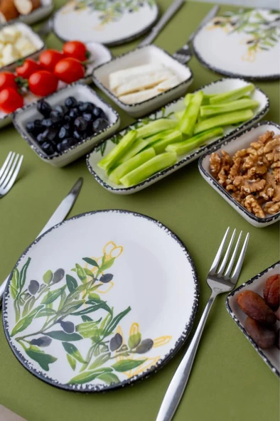 14 Parça 6 Kişilik Seramik Kahvaltı Takımı Zeytin Desenli Yuvarlak Kahvaltı Seti - 4