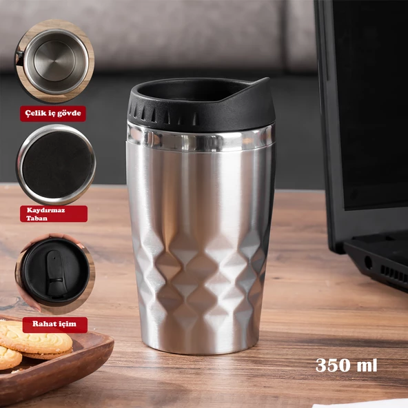 Porsima 05554 Paslanmaz Çelik Kupa Sızdırmaz Çelik Termos Araç Termosu El Termosu Yalıtımlı Bardak 350ml -Gümüş