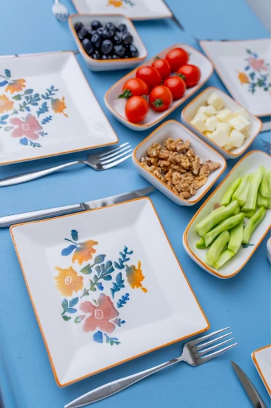 12 Parça 6 Kişilik Seramik Kahvaltı Takımı Sonbahar Desenli Kare Kahvaltı Seti - 4