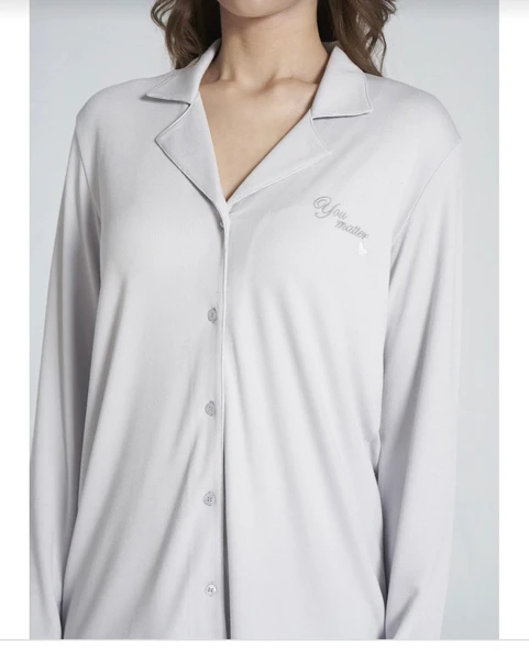 Pijadore Kadın Gri Viskon Önü Düğmeli Uzun Kollu Pijama Takımı 1706 - Resim 2