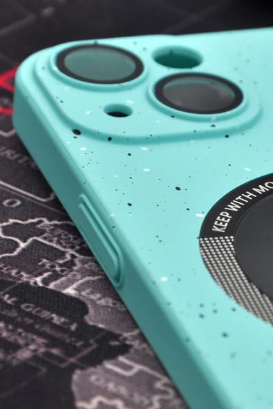 iPhone 14 Uyumlu Mint Yeşil Benekli Desenli İnce Sert Kapak Kılıf Kamera Lens Korumalı - Resim 2