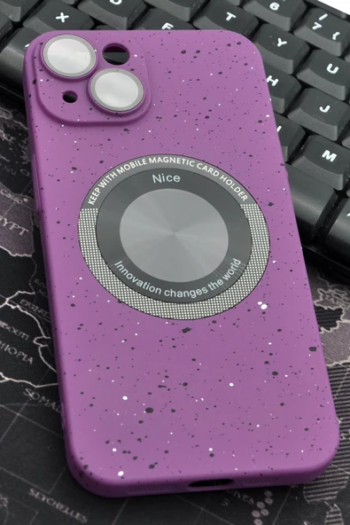 iPhone 14 Uyumlu Mor Benekli Desenli İnce Sert Kapak Kılıf Kamera Lens Korumalı ürün görseli