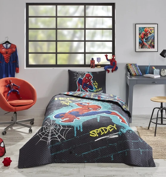 Özdilek Lisanslı Kapitoneli Tek Kişilik Dört Mevsim Nevresim Takımı Complete Set-Spiderman Street Gri