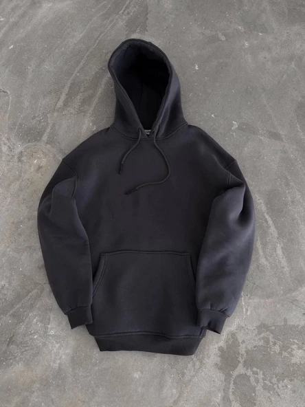 Kapşonlu Üç İplik Penye Basic SweatShirt - Füme - 1