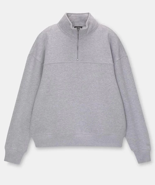 Oversize Yarım Farmuarlı Yakalı Basic SweatShirt - Gri