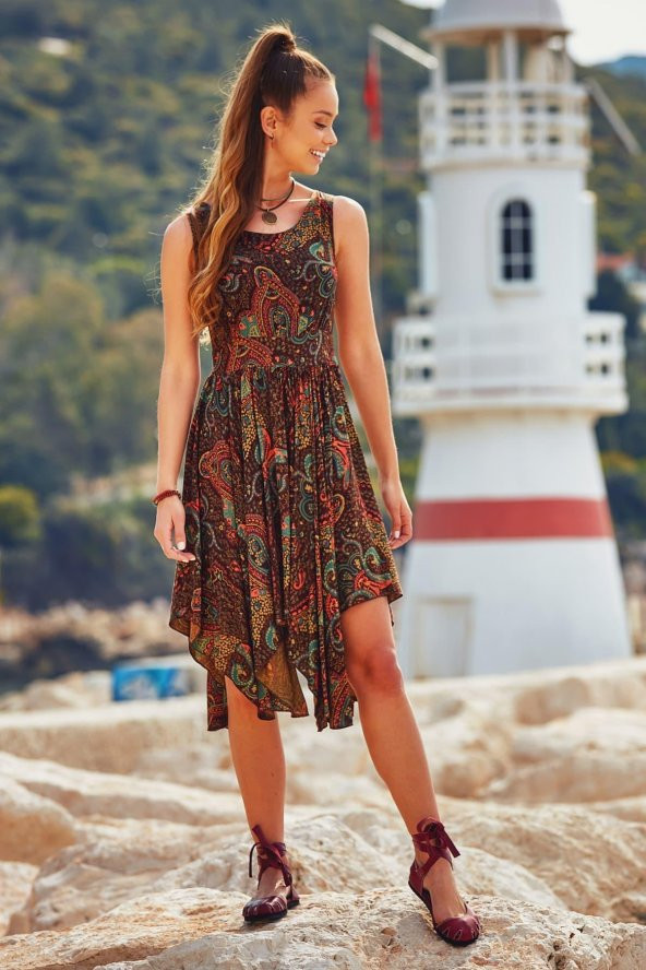 Bohem Tarz Kayık Yaka Asimetrik Elbise - Resim 2