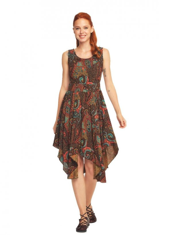 Bohem Tarz Kayık Yaka Asimetrik Elbise - Resim 5