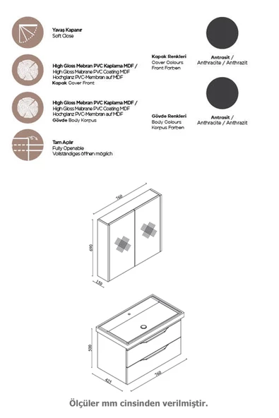 Karen Banyo Lotus Banyo dolabı 80 Cm Lavabo Dahil Antrasit Komple Mebran Mdf - 3