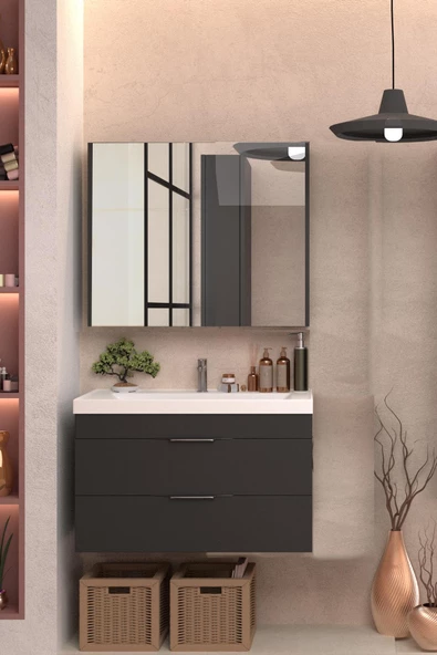 Karen Banyo Lotus Banyo dolabı 80 Cm Lavabo Dahil Antrasit Komple Mebran Mdf