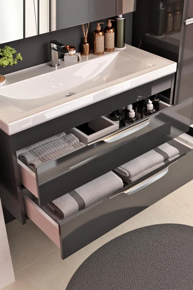 Karen Banyo Lotus Banyo dolabı 80 Cm Lavabo Dahil Antrasit Komple Mebran Mdf - 2