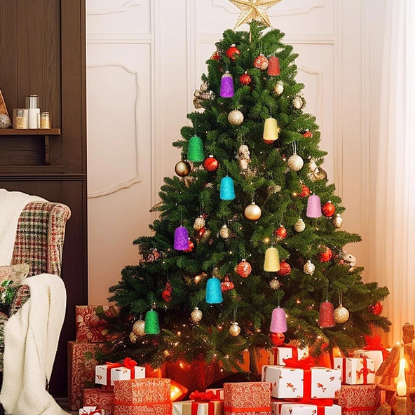 Yıllbaşı Çam Ağacı Süsü Simli Çan Noel Ağacı Süsü 6 Lı 5 cm - Resim 3