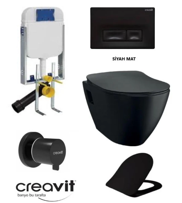 Creavit TP325 Siyah Mat Asma Klozet Set + Duck Yavaş Kapanır Kapak Siyah Mat 5 Parça Set