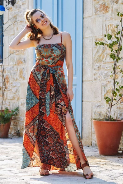 Askılı Belden Bağlamalı Elbise - 2