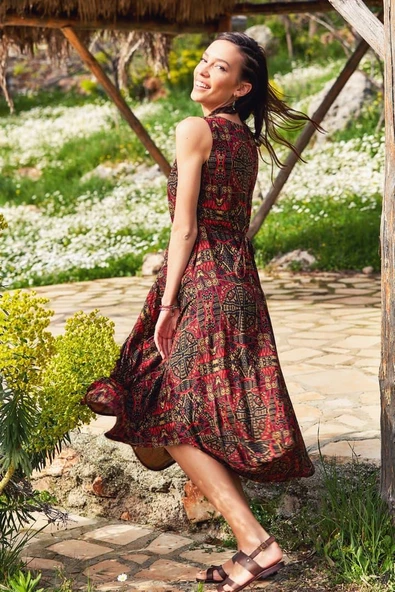 Asimetrik Etek Ucu Kayık Yaka Cepli Elbise - 3