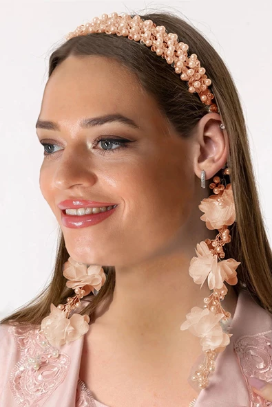 Özel Tasarım Sarkan Küpeli Beyaz İncili Lohusa Tacı - 9