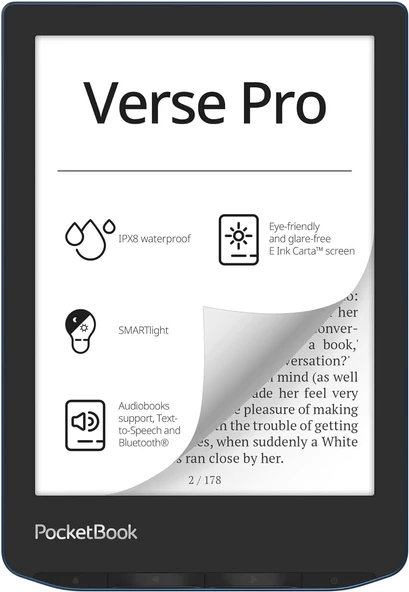 PocketBook Verse Pro E-Okuyucu | Su Geçirmez | 6'' E-Ink Carta™ HD | Sesli Kitap | Metinden Sese Fonksiyonu | Ayarlanabilir Akıllı Işık | 16GB | Azure