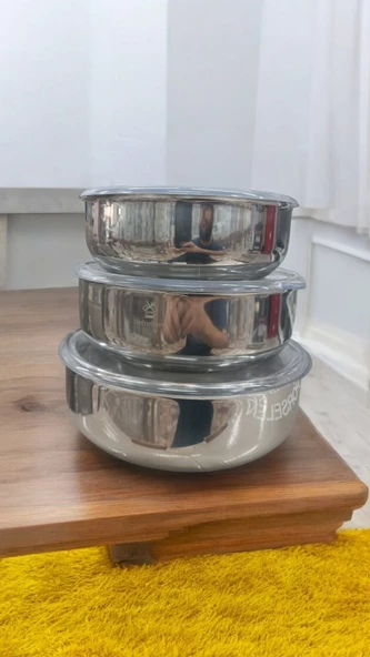 DefneSare 3 lu çelik saklama kabı 16 cm 18 cm 20 cm - 3