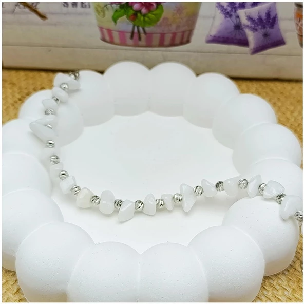 Gümüş Renk Dorika Aparat - Amorf  Sedef Doğal Taş Kadın Bileklik - Resim 2