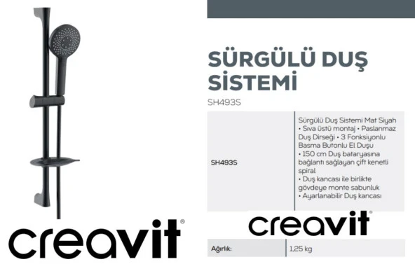 Creavit Sürgülü Duş Seti Siyah Mat SH493S - 2