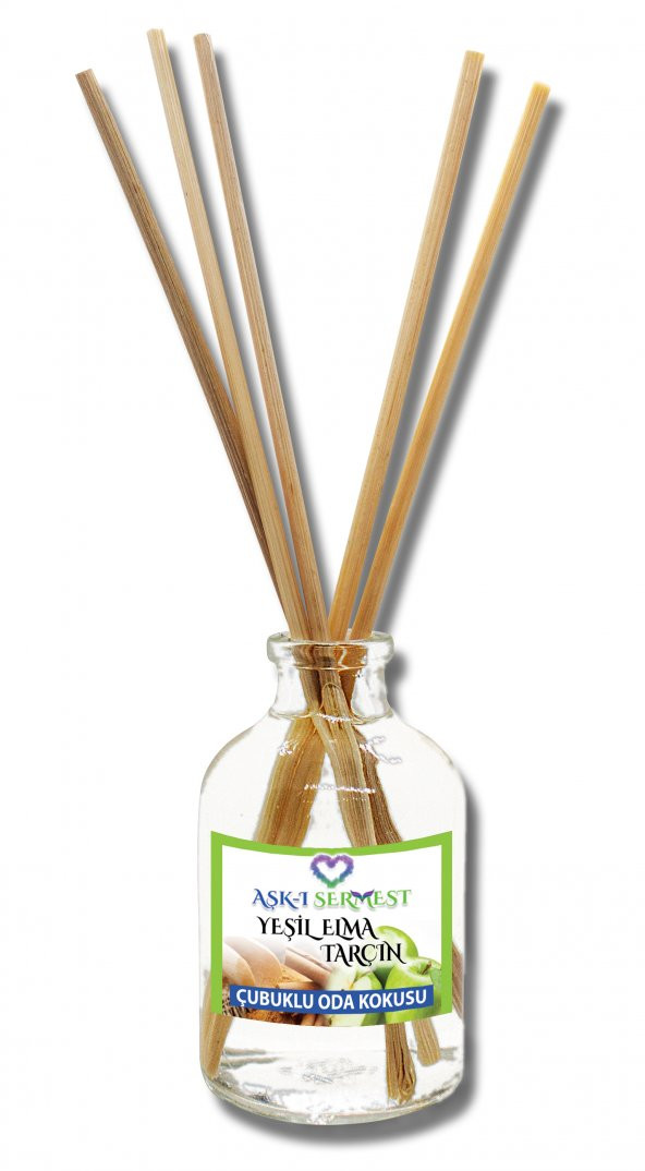 Aşk-ı Sermest Yeşil Elma&Tarçın Aromalı Bambu Çubuklu Oda Kokusu Parfüm, Oval Şişe, 100 mL, 10 Adet