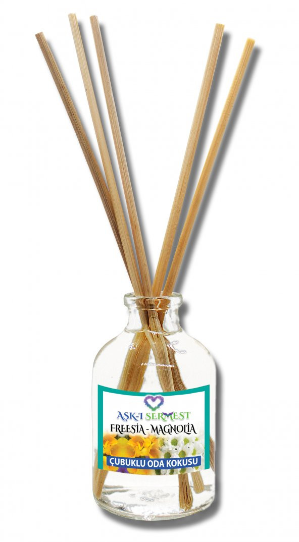 Aşk-ı Sermest Freesia&Magnolia Aromalı Bambu Çubuklu Oda Kokusu Parfüm, Oval Şişe, 100 mL, 10 Adet