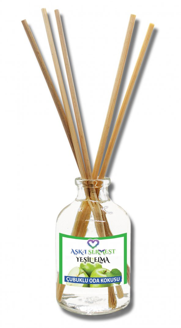 Aşk-ı Sermest Yeşil Elma Aromalı Bambu Çubuklu Oda Kokusu Parfüm, Oval Şişe, 50 mL , 10 Adet
