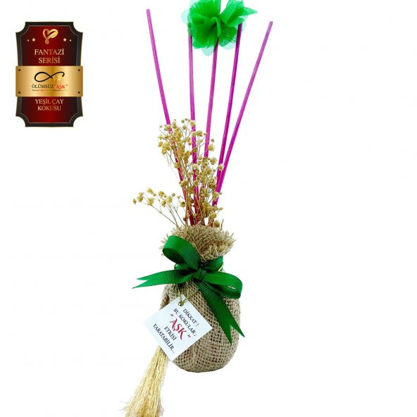 Ölümsüz "Aşk" Hasır Serisi Yeşil Çay Kokulu 50 ml Oval Şişe Bambu Çubuklu Ortam Kokusu 10 Adet