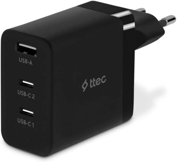 SmartCharger Trio GAN 65W PD Seyahat Hızlı Şarj Aleti 2 USB-C+USB-A Siyah