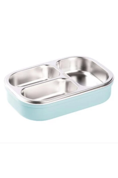 Food QIGAR 3 Bölmeli Çatal Kaşıklı Yeşil Paslanmaz Çelik Dikdörtgen Yemek Taşıma Kabı 750ML - 2
