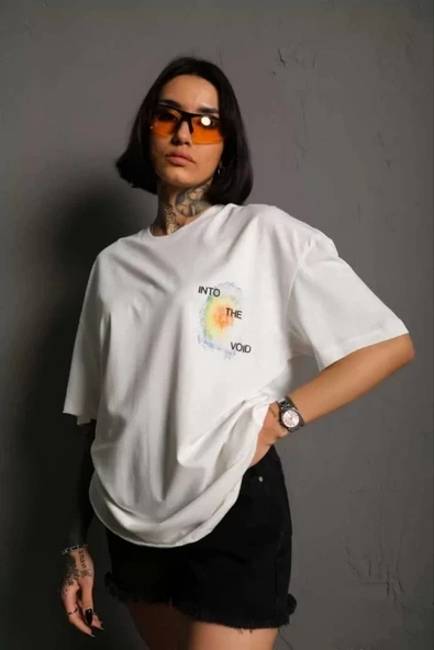 Unisex Bisiklet Yaka Baskılı Oversize T-Shirt - Beyaz