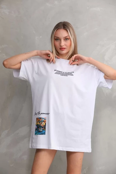 Unisex Bisiklet Yaka Baskılı Oversize T-Shirt - Beyaz