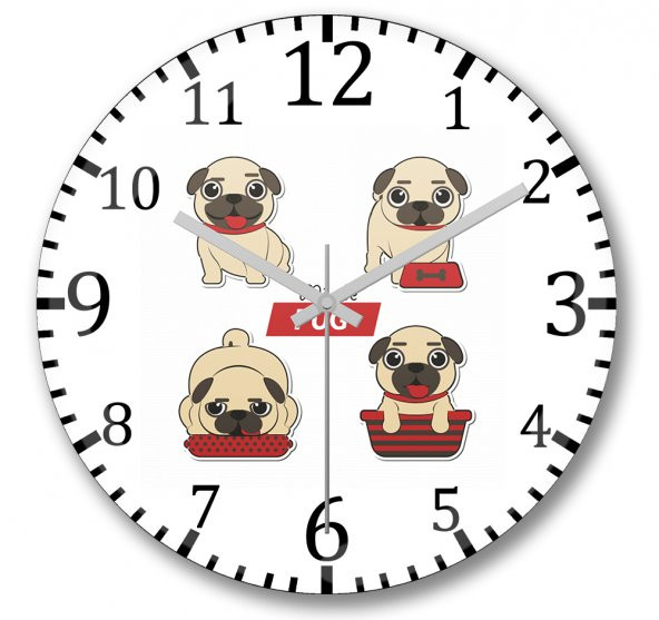 Mae De Pug Köpek Duvar Saati Bombeli Gercek Cam