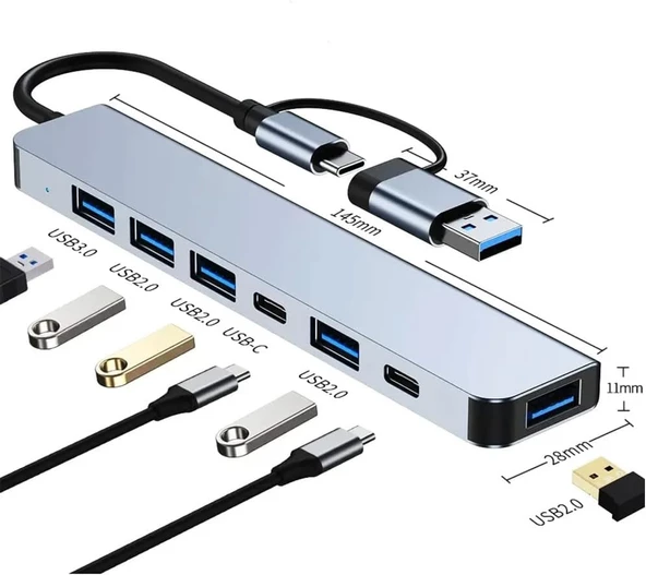 Çoklayıcı Adaptör 7in1 USB/Type-c To USB A, USB C Macbook uyumlu Çevirici Adaptör Çok Portlu Çoklayıcı 7 in 1 USB HUB (Gri)