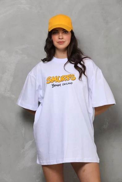 Unisex Bisiklet Yaka Baskılı Oversize T-Shirt - Beyaz