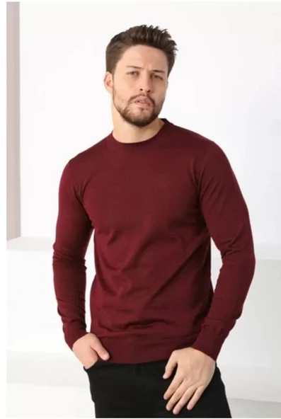 Unisex Uzun Kol Biskilet Yaka Dokuma Triko - Bordo