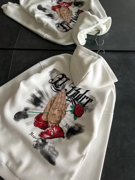 Üç İplik Penye Uzun Kol Kapşonlu Baskılı SweatShirt - Beyaz