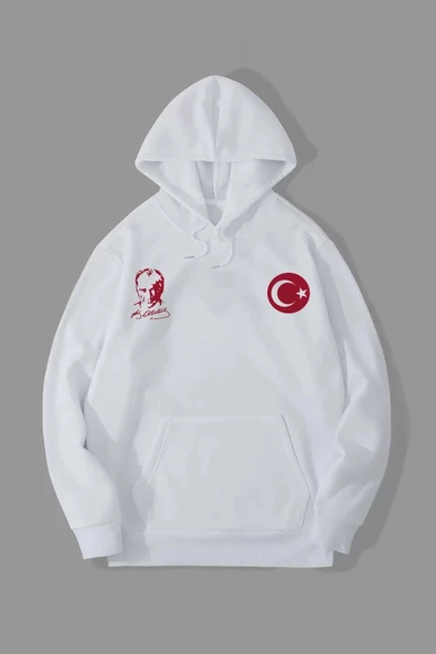 10 Kasıma Özel Üç İplik Kapşonlu Baskılı SweatShirt - Beyaz