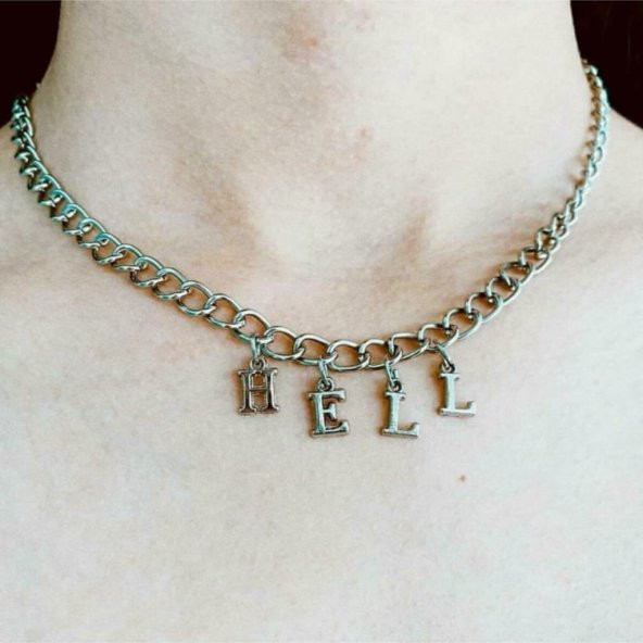 Gri Hell Yazılı Harfli 45 cm Zincirli Hediyelik Bayan Kolye Takı