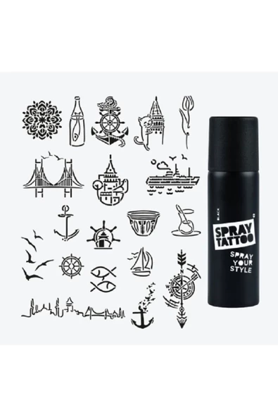İstanbul City Pack Spray Tattoo Geçici Dövme Seti 19 Desen 1 Siyah Sprey