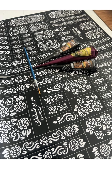 2 Büyük Sayfa Şablon 2 Siyah 1 Kızıl Kına ve Fırça Geçici Dövme Seti Model 1 - 3