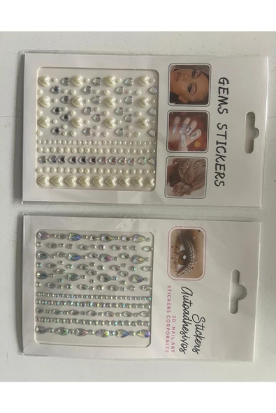 2 Kartela Birden Face Gems Yapışkanlı Yüz Taşı Seti Kalp ve Damla - 2
