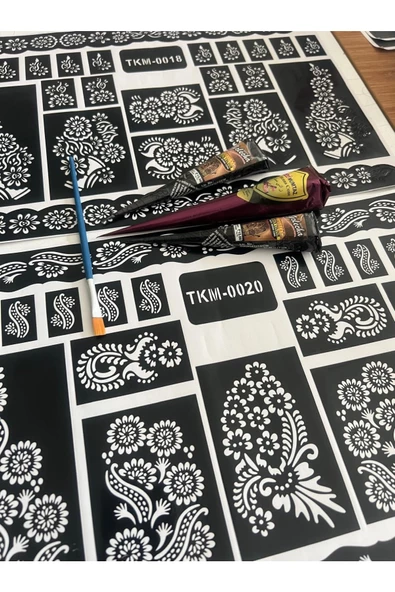 2 Büyük Sayfa Şablon 2 Siyah 1 Kızıl Kına ve Fırça Geçici Dövme Seti Model 2 - Resim 2