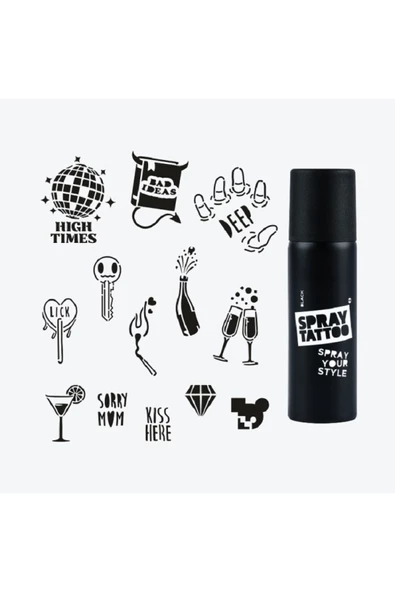 Ibıza City Pack Spray Tattoo Geçici Dövme Seti 13 Desen 1 Siyah Sprey