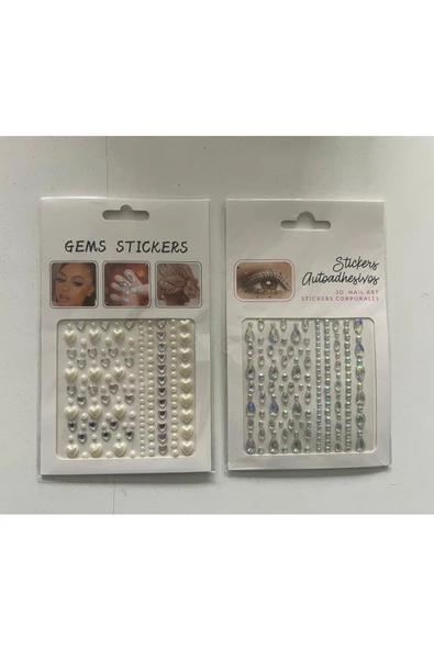 2 Kartela Birden Face Gems Yapışkanlı Yüz Taşı Seti Kalp ve Damla