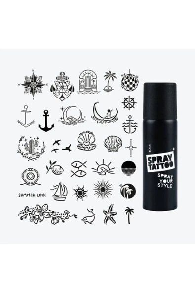 Bodrum City Pack Spray Tattoo Geçici Dövme Seti 30 Desen 1 Siyah Sprey