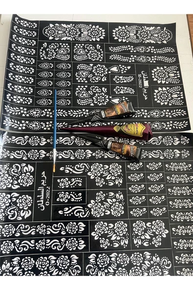 2 Büyük Sayfa Şablon 2 Siyah 1 Kızıl Kına ve Fırça Geçici Dövme Seti Model 1 - 2