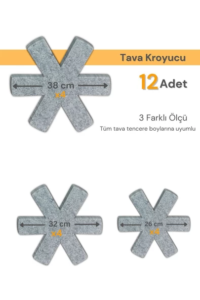 Beylini 12 Li Set Tencere Tava Koruyucu Borcam Çizdirmez Keçe Düzenleyici Gri - 6