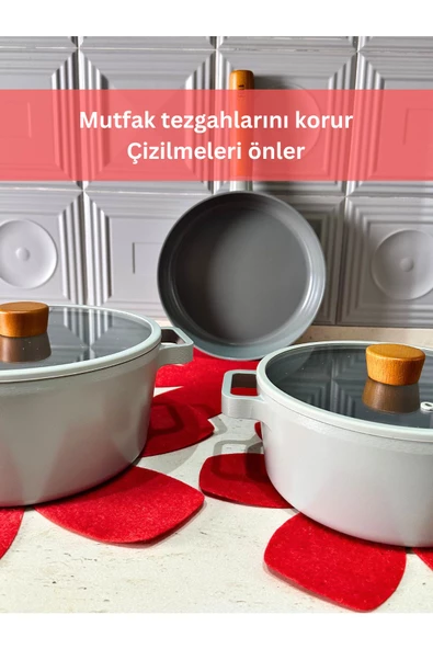 12'li Set Tava Tencere Koruyucu ve Düzenleyici Keçesi Kırmızı - 5